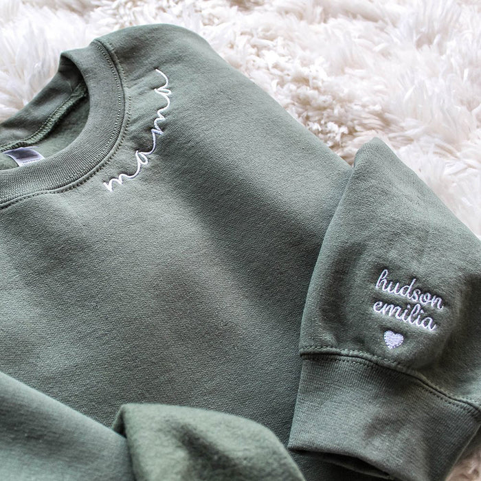 Custom Mama Sweatshirt With Kids Names On Sleeve