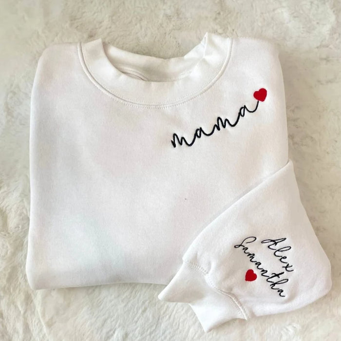 Custom Mama Sweatshirt With Kids Names On Sleeve