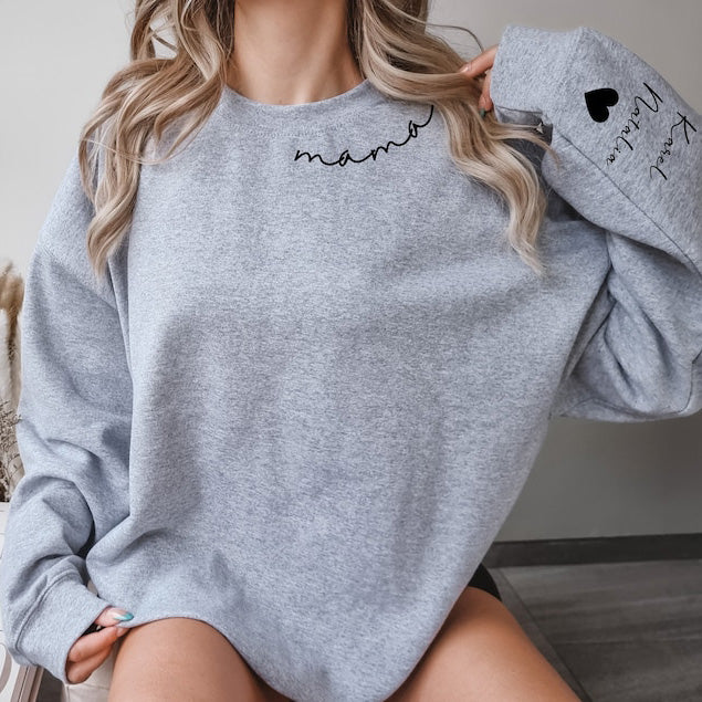 Custom Mama Sweatshirt With Kids Names On Sleeve