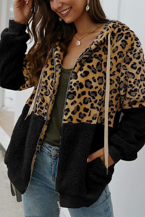 Chic Leopard Zip-Up Patchwork Hooded Coat(5 Colors)